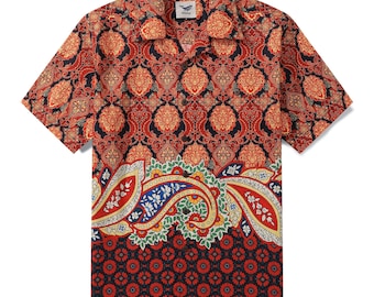 Camisa hawaiana roja con estampado floral para hombre / 100% algodón con cuello tipo campamento