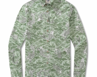 Camisa hawaiana de manga larga para hombre, estilo aloha, de algodón con botones y estampado de peces de la prosperidad.