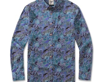 Camisa hawaiana de manga larga para hombre: Estampado de olas de nubes serenas, botones de coco