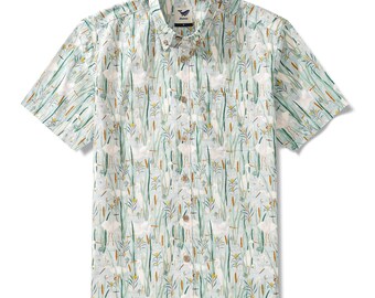 Camisa hawaiana para hombre con estampado de garza / 100% algodón H&-Painted