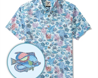Camisa hawaiana para hombre con estampado de peces / 100% algodón H&-Painted Blue Aloha