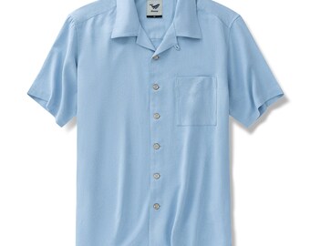 Camisa hawaiana de seda azul lago: cuello campestre de jacquard y botones de coco