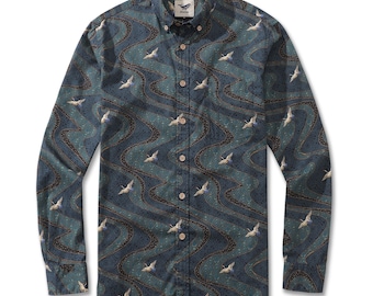 Camisa hawaiana para hombre: Camisa hawaiana de algodón con estampado de grulla