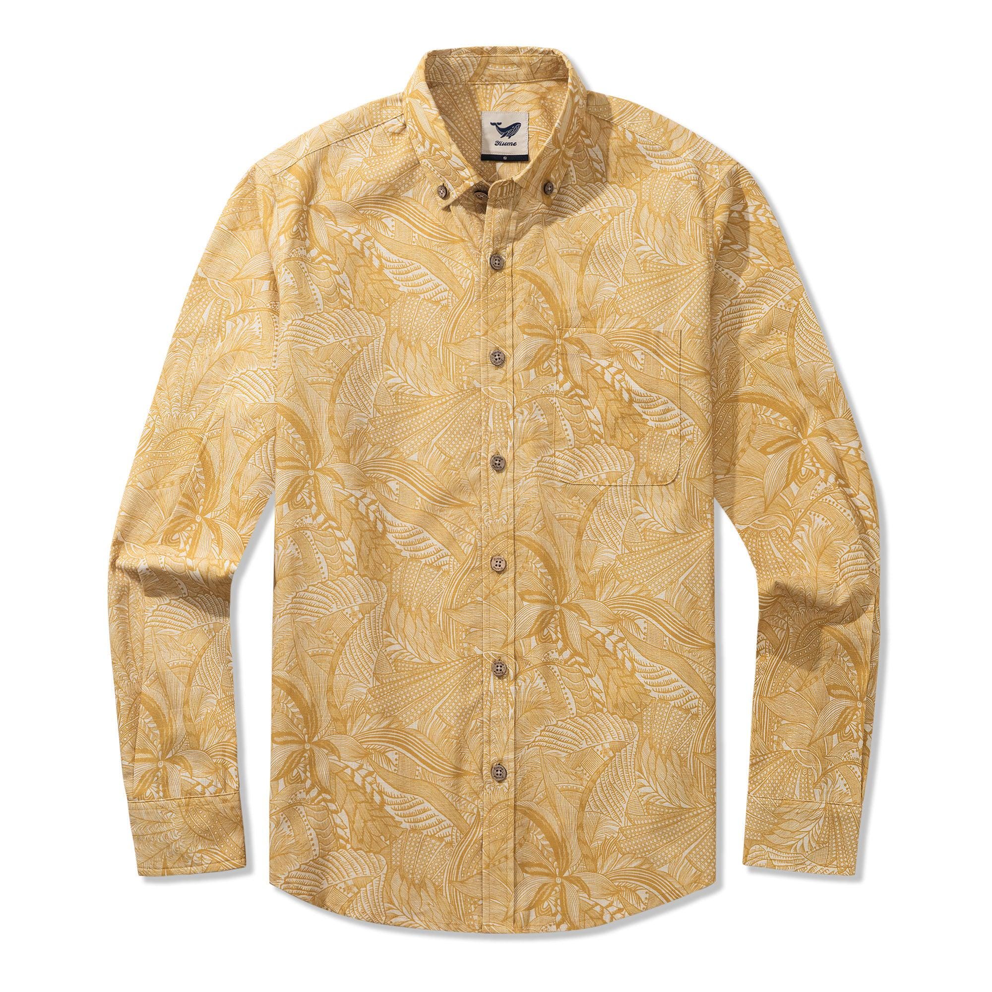 Tropical Golden Feather Dream Men's Hawaiian Shirt 100% Cotton Button-down Long Sleeve Aloha Gift
