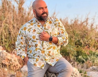 Camisa hawaiana de libélula y diente de león: Camisa hawaiana de algodón de manga larga para hombre