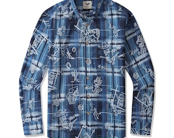 Camisa hawaiana vintage con grafiti a cuadros para hombre, 100 % algodón, azul, manga larga, estilo vaquero, regalo Aloha