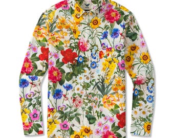 Camisa hawaiana floral: Camisa Aloha de manga larga 100 % algodón