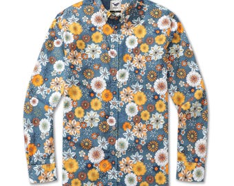 Camisa hawaiana floral de los años 60 para hombre - Camisa hawaiana retro psicodélica de algodón