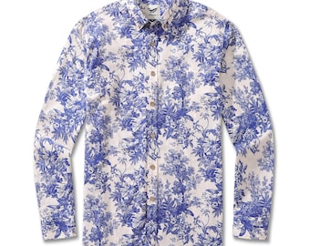 Camisa hawaiana de algodón de manga larga con estampado francés para hombre, pintada a mano