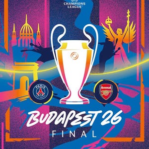 Op de afbeelding: Een levendige poster voor de UEFA Champions League Finale in Boedapest 2026. Toont de Champions League-trofee, teamlogo's van Paris Saint-Germain en Arsenal FC, en de tekst "BUDAPEST 26 FINAL". De achtergrond heeft een kleurrijk, abstract ontwerp.