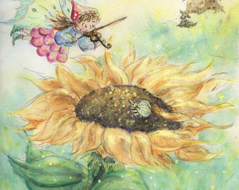 The Fiddle Fairy and the Sunflower, by Christine Mix © 2022 - Laser Print, image size 7 x 10" on 8.5 x 11" paper