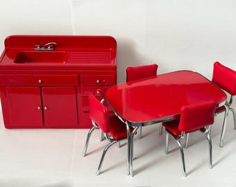 Red K&J Metalworks Karen Fuller Dollhouse Sink, Table and Chair Set RARE