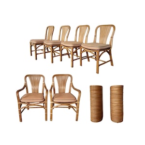 Vintage Rattan Dining Set with Stacked Rattan Dining Table and 6 Dining Chairs with Original Upholstery