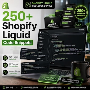 Könnte beinhalten: Ein Laptop mit Code-Snippets, mit dem Text "Shopify Liquid Codebook Bundle" und "250+ Premium Snippets." Das Bild enthält eine Kaffeetasse und Ordner, die digitale Downloads für Entwickler bewerben. Das Thema ist E-Commerce und Webentwicklung.