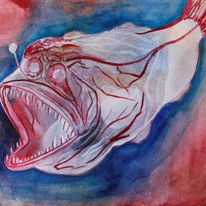 Pesce mostro. Pesce fantasma raro mostro classico nel mare. Acquerello su carta.