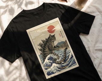 Retro Japanese Catzilla T Shirt, Funny Kaiju Cat Graphic Tee, Vintage Japan Style Shirt, Cat Lover Gift, Unisex Anime Tee
