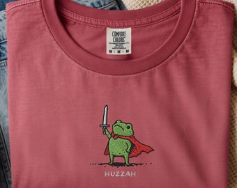 Embroidered Frog Knight T Shirt Huzzah Design Retro Aesthetic Tee Medieval Frog Embroidery Shirt Funny Graphic Top Gift For Frog Lovers
