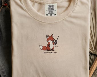 Embroidered Fox Radio Trot T-Shirt, Cute Animal Graphic Tee, Comfort Colors Beige Shirt, Aesthetic Embroidery Gift for Wildlife Lovers