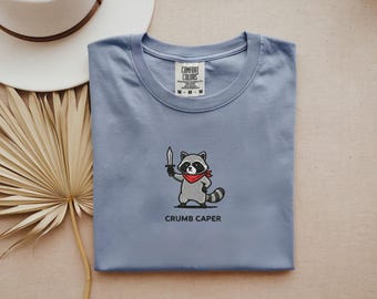 Cute Embroidered Raccoon Shirt Crumb Caper Tee | Funny Animal Embroidery T-Shirt for Men Women | Whimsical Bandit Raccoon Gift