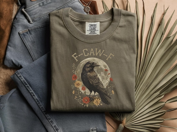 Vintage Crow Graphic T-Shirt: Funny F-Caw-F Raven, Boho Floral Moon, Gothic Witchy Top