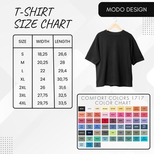 May include: A black t-shirt hangs on a wooden hanger. The image includes a size chart with measurements in inches and a color chart with various shades. The text "MODO DESIGN" is at the top.