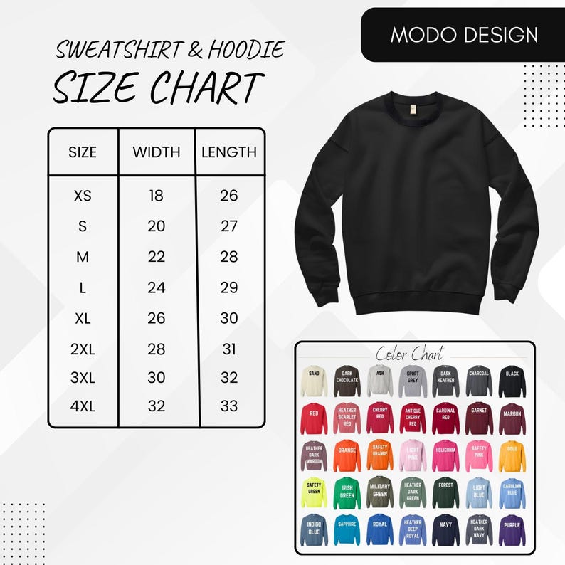 May include: A black sweatshirt with a crew neck, displayed with a size chart and color options. The size chart shows measurements in inches for widths ranging from 18 to 32 inches and lengths from 26 to 33 inches. The color chart displays various sweatshirt colors.