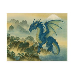 May include: A blue dragon with yellow accents soars over a misty landscape with mountains, trees, and a body of water. A snow-capped mountain is in the background. The dragon has large wings and a long tail.