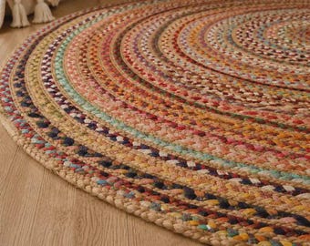 Hand Braided Multicolour Cotton Chindi Jute Round Rug, Traditional Carpet, Circle area rug 8 Ft Boho Vibrant color round cotton Jute carpet
