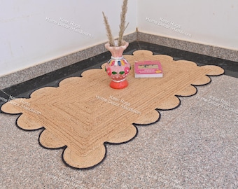 Vintage Natural Jute Scalloped Pattern Rug With Black Border Border For Living Home and kitchen Decor rugs