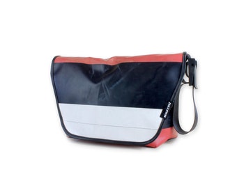 Large Messenger Bag made from recycled Truck tarp, Red, black and white shoulder Bag, Waterproof laptop bag, Crossbody messenger bag