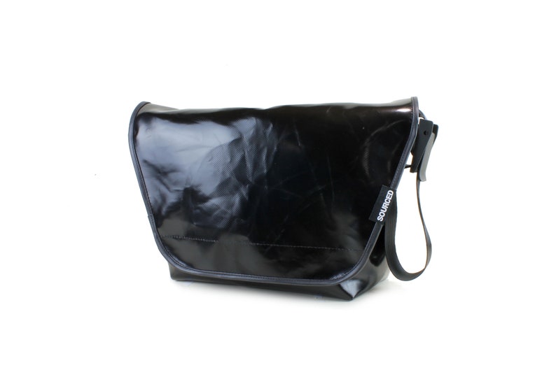 All Black Messenger Bag, Truck Tarp Messenger Bag, Vegan Shoulder Cross body Bag, Waterproof Laptop Bag, Recycled Handbag,Eco Friendly Gift image 1