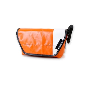 Urban Hands‑Free Handbag #3.10 – Orange and White | 3‑Way Vegan Truck Tarp Satchel, One‑of‑a‑Kind, Upcycled Truck Tarp