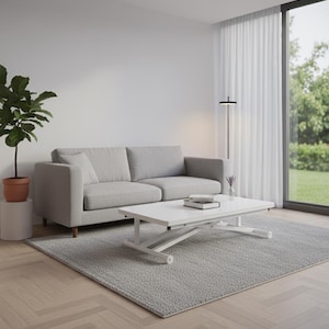 May include: A contemporary living room with a light grey sofa, a white coffee table, and a grey rug. A potted plant sits on a white plinth. A floor lamp and sheer curtains are near a large window.