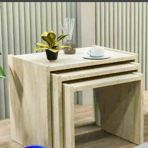 May include: A set of three light wood nesting tables. The tables are square with a light wood grain finish. A small potted plant, a cup and saucer, and a vase with reeds are on top of the largest table.
