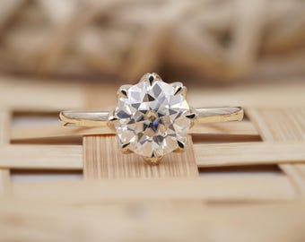 Old European Cut Solitaire Engagement Ring, Vintage Crown Setting, 14k Solid Gold Wedding Ring