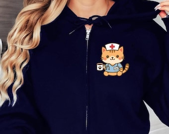 Krankenschwester Jacke, süße Krankenschwester Jacke mit Katze, Kaputzenjacke mit Reißverschluss, Abschiedsgeschenk Kollegin