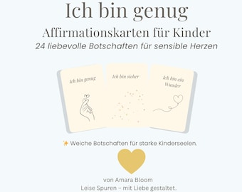 May include: A set of affirmation cards for children with the text "Ich bin genug" and "Affirmationskarten für Kinder". The cards have illustrations of a hand making a heart, dots, and a heart. The cards are on a light background.
