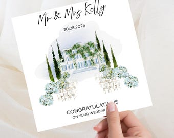 Personalised Wedding Day Card, Congratulations Bride & Groom, Mr and Mrs, Wedding Venue, Marriage, Flowers