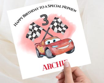 Personalised Lightening Mcqueen Birthday Card, any age, any text