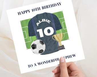 Tarjeta de cumpleaños personalizada, fútbol, niños, nombre, edad, trofeo de fútbol
