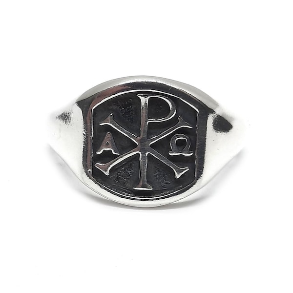 Sterling Silver Men Ring Chi Rho Alpha Omega Solid Hallmarked 925 Comfort Fit