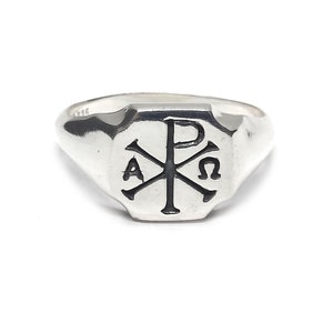 Sterlingzilveren herenring Chi Rho Alpha Omega Solid gemerkt 925 Comfort Fit