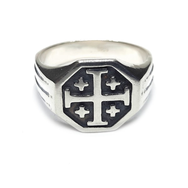 Sterling Silver Men Ring Solid Hallmarked 925 Jerusalem Cross