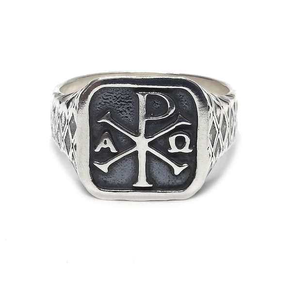 Sterling Silver Men Ring Chi Rho Alpha Omega Solid Hallmarked 925 Comfort Fit