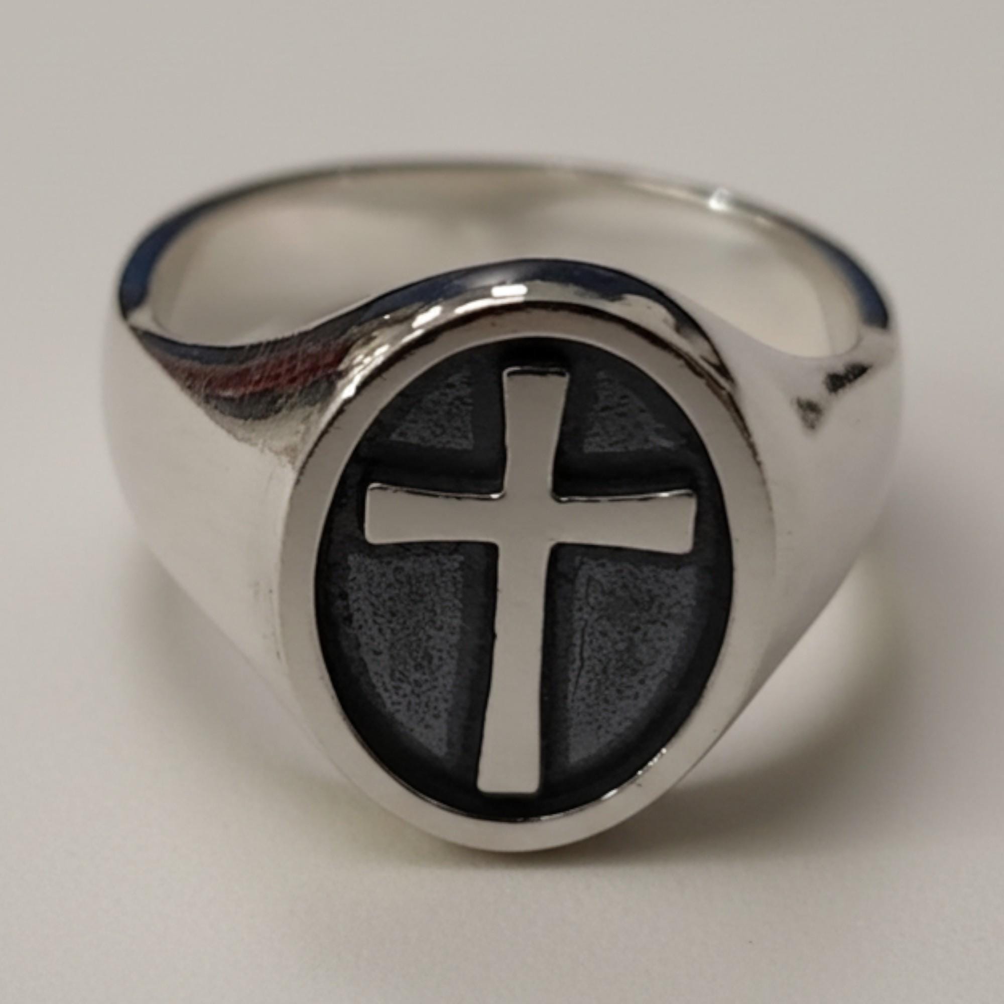 Sterling Silver Men Oval Ring Cross Solid Hallmarked 925 Comfort