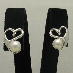 Sterling Silver Earrings Hearts With Pearls Solid Hallmarked 925 Nickel Free image 1