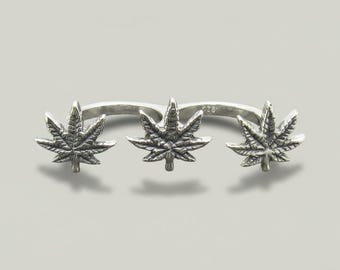 Anillo de plata de ley con diseño de hoja de marihuana para dos dedos, con sello 925.