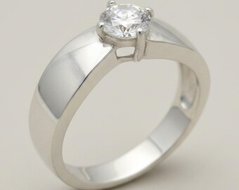 Sterling Silver Ring With 6mm Round Cubic Zirconia Stamped 925 Nickel Free