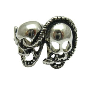 Sterling Silver Double Skull Snake Ring | Gothic Biker Style Stamped 925 Handmade Dark Jewelry