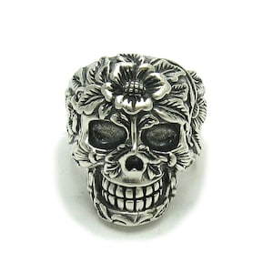 Chunky Sterling Silver Ring Skull with Flowers Solid Hallmarked 925 Nickel Free